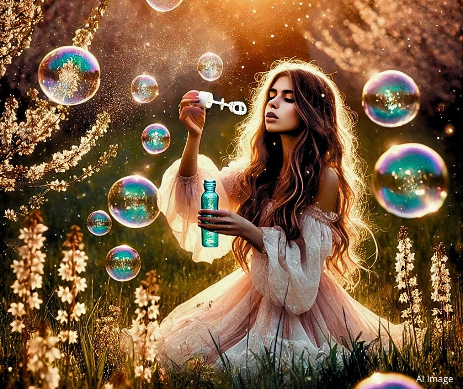Girl with long hair, sitting in flowers, blowing bubbles