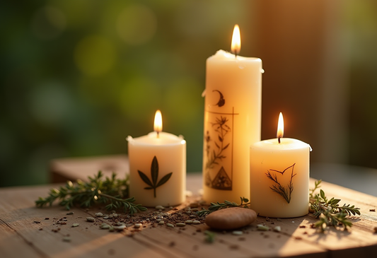 Three lit candles with carved symbols and herbs on a tree stump.