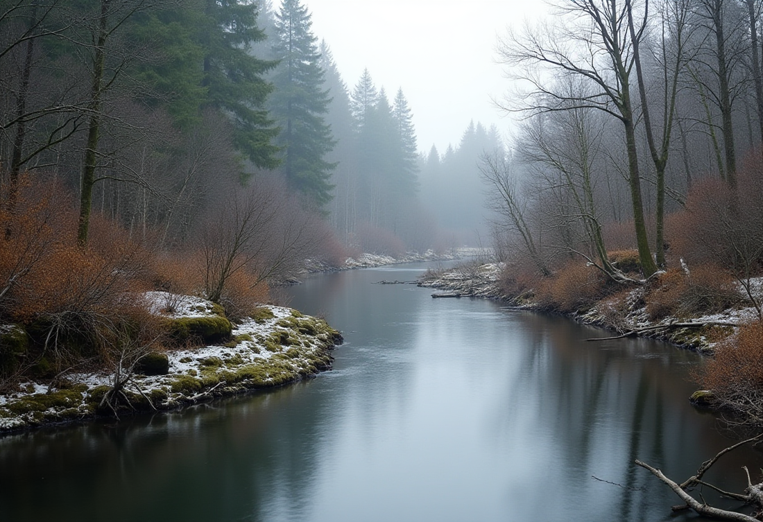 A quiet winter river winding through a misty forest, with bare branches, evergreens, and muted light settling over still water.