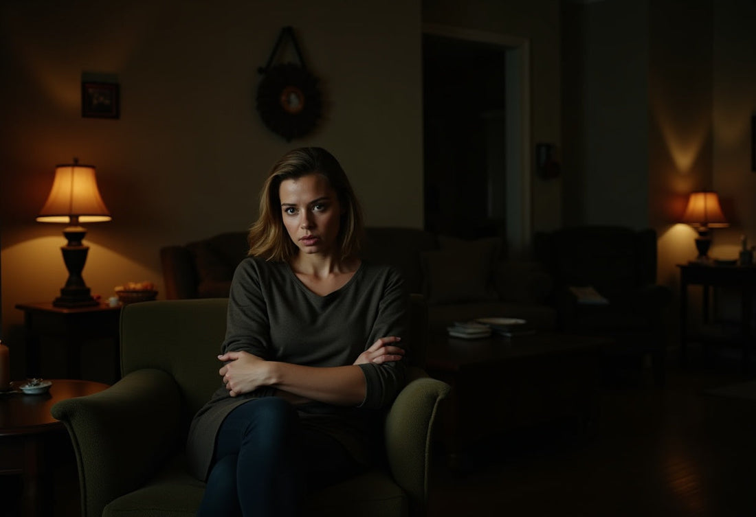 A woman sits alone in a dimly lit living room at night, looking uneasy as a dark doorway opens behind her.