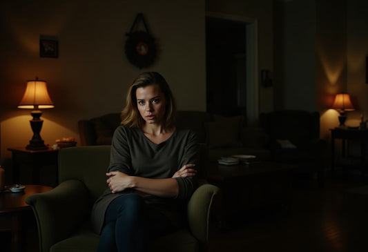 A woman sits alone in a dimly lit living room at night, looking uneasy as a dark doorway opens behind her.