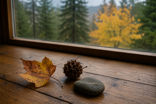 A fallen leaf, seed pod, and small stone resting on a wooden table beside a window, with green pines and a yellow autumn maple softly blurred outside.