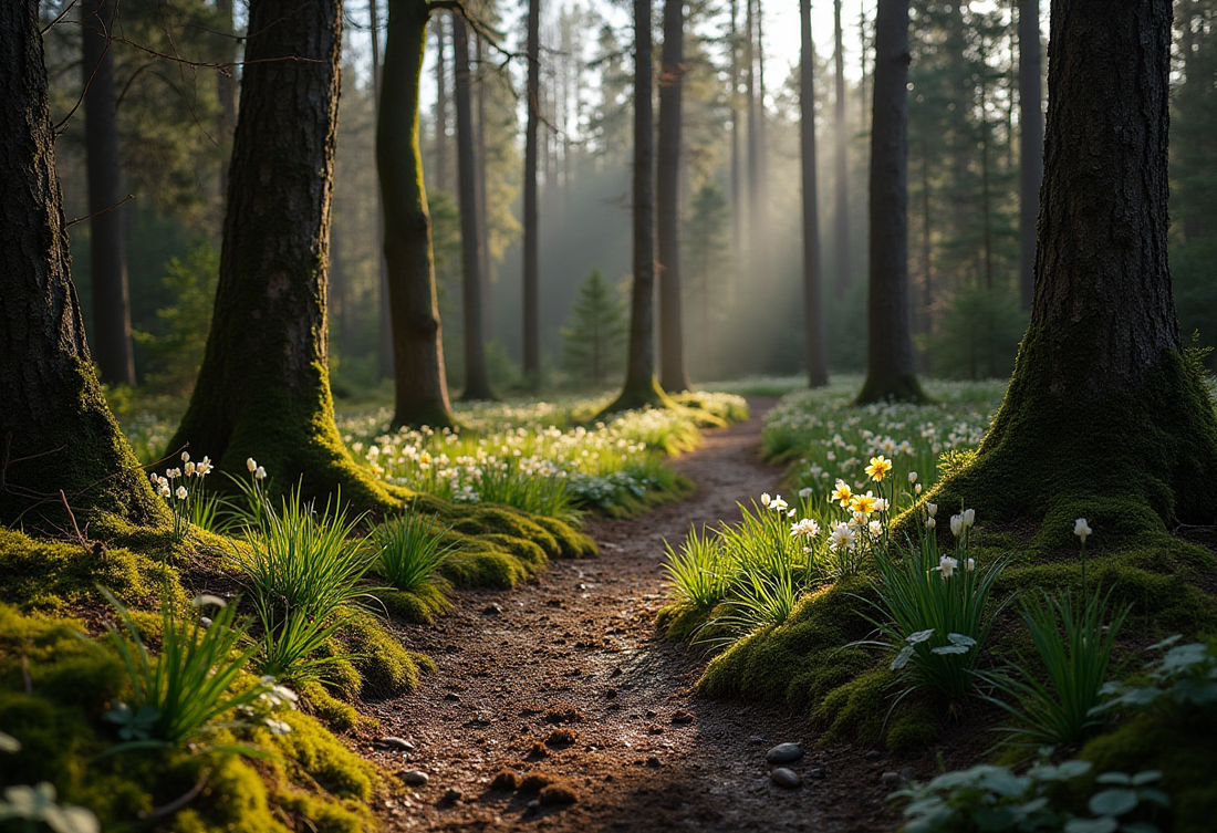 Sunlight filtering through tall forest trees onto a mossy path with small early spring flowers emerging from the damp ground.