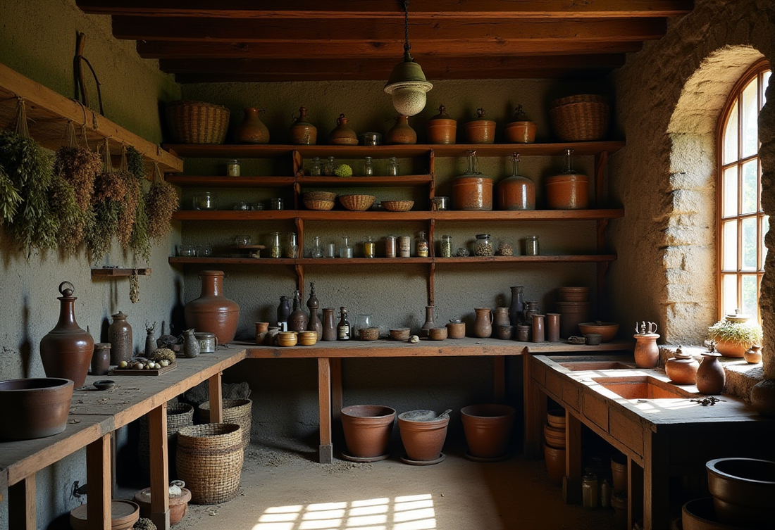Old pantry like room with shelves filled with jars and pots. A large window set in a deep casement that alowes light to filter in., sink